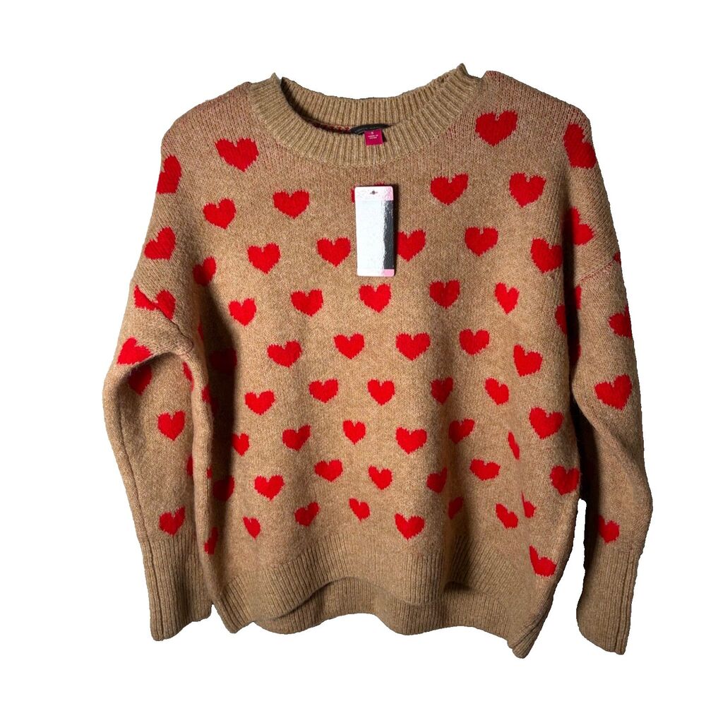 Vince Camuto Sweater Women's Small Beige Pullover Heart Knit Crew Neck